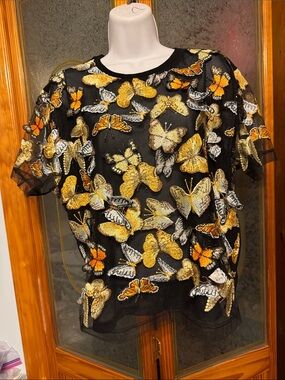 Embroidered Butterfly Sequin Top in Black and Gold